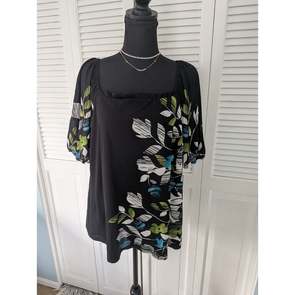 Style & Co. Top Women's 2X Blue Green Black Floral Ruffle Mesh Pullover Tunic